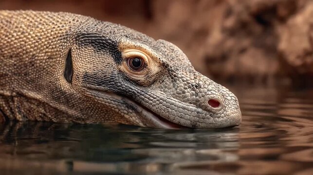 Close up of komodo dragons detailed face and textured skin emerging from water with focused eye natural environment and warm lighting