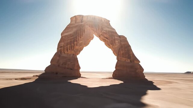 Natural stone arch dominates a sun-drenched, barren desert landscape