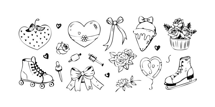 Hand drawn vintage Valentine&rsquo;s Day elements set with cute bows, roller skates, cupid, hearts, ribbons, roses, cake and strawberries. Trendy doodle illustrations for wedding invitation, birthday card..