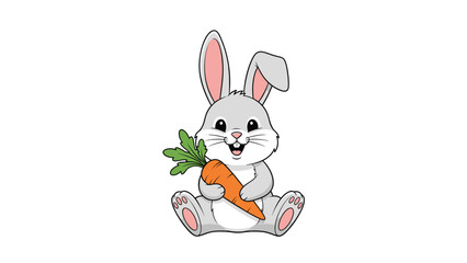 Obraz premium Adorable grey cartoon rabbit sitting on the floor and holding a large orange carrot with green leaves against a white background.