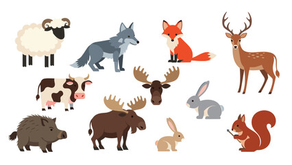 Obraz premium Diverse collection of forest animals including a sheep, wolf, fox, deer, cow, moose, rabbits, wild boar, and a squirrel with an acorn.
