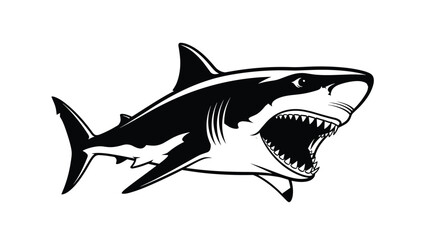 Fototapeta premium Detailed black and white silhouette-style illustration of a shark with its mouth open, swimming through white space in profile.