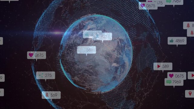 3D Earth rotating, bubbles emerging right, clustering at equator then fading, showing global data