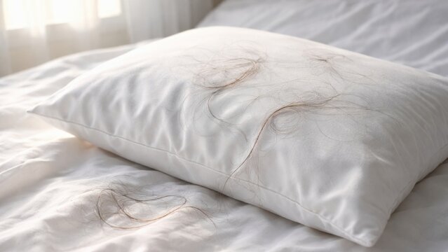 Soft pillow with hair falling on silk bedding.