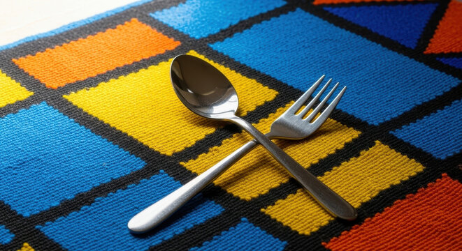 Spoon and fork crossed on colorful patterned table mat, dining utensils, vibrant design, copy space
