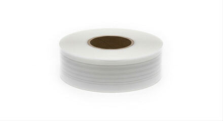 Roll of pallet wrap isolated on a white background, showcasing a neatly coiled plastic film used for securing goods, with a central cardboard core, minimalistic design