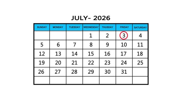 The calendar of July month 3th day is red circled, looped animation. A very important date in the calendar. Signing a day on a calendar. white background
