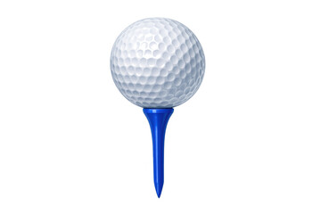 Golf ball resting on blue tee ready for tee-off shot, sports equipment for precision game, transparent background