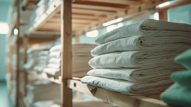 Medium shot focusing on neatly stacked fresh linens on drying racks in a bright room utilizing green sustainable processing methods.