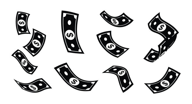 Falling money a collection of black and white dollar bill icons