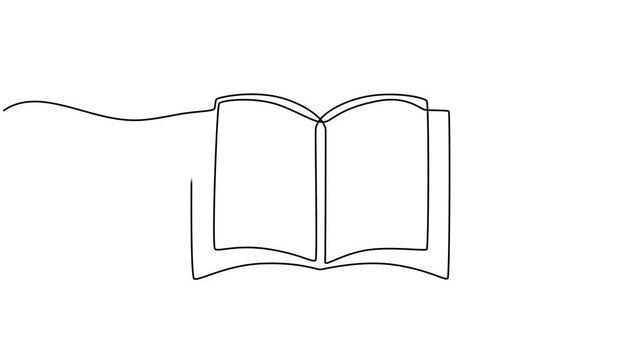 Continuous drawing line art of open book. Hand drawn one line. 4k animation, stock footage, Book continuous one line art animation. Line drawing open book video. School education concept, Full length.