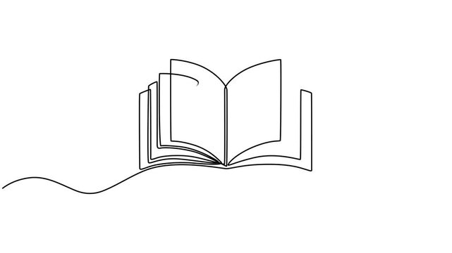 Continuous drawing line art of open book. Hand drawn one line. 4k animation, stock footage, Book continuous one line art animation. Line drawing open book video. School education concept, Full length.