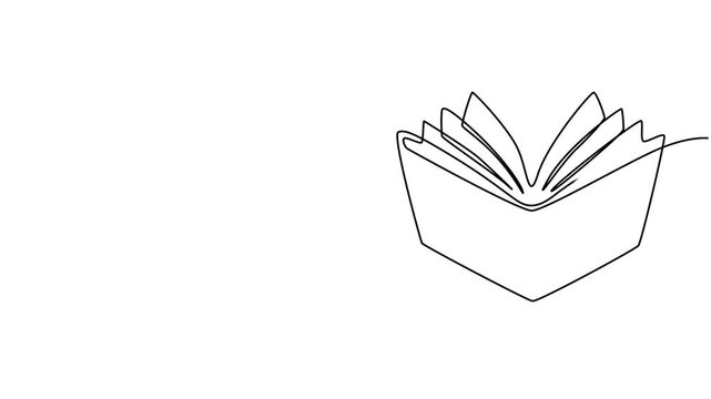 Continuous drawing line art of open book. Hand drawn one line. 4k animation, stock footage, Book continuous one line art animation. Line drawing open book video. School education concept, Full length.
