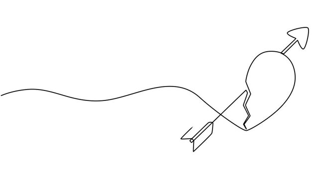 Heart shape with arrow continuous line drawing animated video, Two halves of broken heart with arrow in style of one continuous line black color. Self drawing. Motion graphics white background.