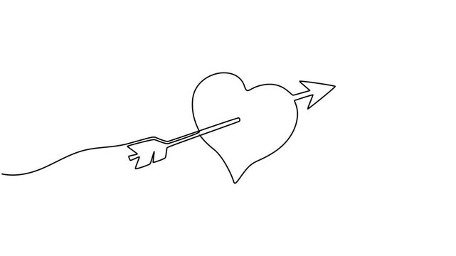 Heart shape with arrow continuous line drawing animated video, Two halves of broken heart with arrow in style of one continuous line black color. Self drawing. Motion graphics white background.