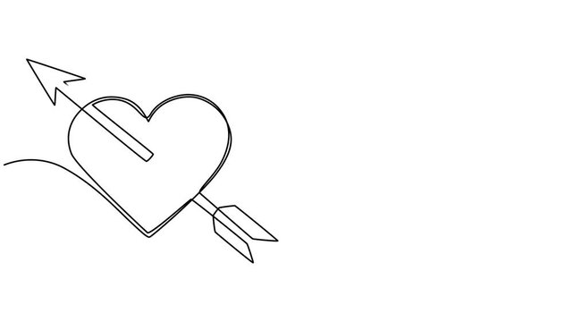 Heart shape with arrow continuous line drawing animated video, Two halves of broken heart with arrow in style of one continuous line black color. Self drawing. Motion graphics white background.