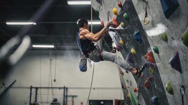 Focused medium shot of lead climbing action on tall indoor wall with dynamic climber reaching holds and blurred quickdraw placements.