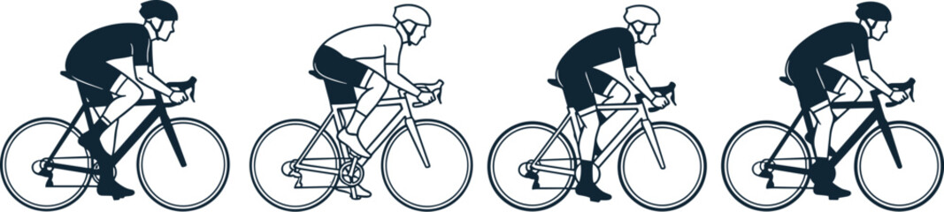 Naklejka premium Cyclists riding road bicycles silhouette in racing posture, sports and fitness theme, black vector illustration of cycling and competition