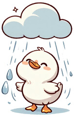 Obraz premium A cute cartoon duck stands smiling with its eyes closed, rosy cheeks, under a rain cloud with raindrops