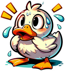 A cute cartoon duck with big, surprised eyes, sweating profusely, and its beak agape, standing in a puddle