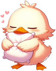 A cute cartoon duckling sleeps with its eyes closed, hugging a white pillow with three warm pink hearts floating on it