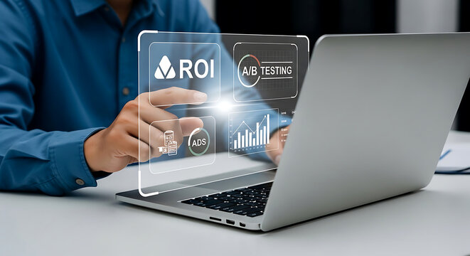 Businessman analyzing ROI on laptop with AB testing graph in modern office with blue tone and soft lighting for marketing strategy