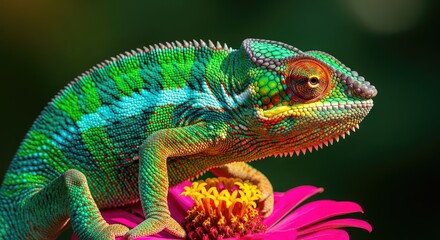 Obraz premium Vibrant green chameleon perched on a pink flower