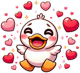 A cute cartoon duckling with big, bright eyes, an open mouth, laughing happily, rosy cheeks, surrounded by sparkling hearts