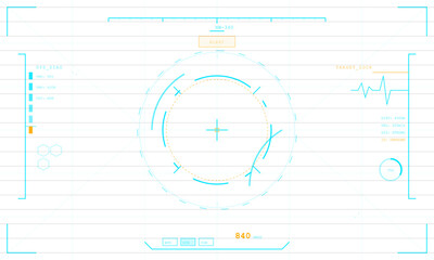 Obraz premium This abstract technical illustration displays a central cyan crosshair surrounded by dashed orange circles and light blue arcs. Horizontal gray lines cross the white background.