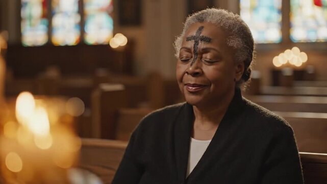 Ash Wednesday Smiling Woman Devotion Scene Ash Wednesday woman prayer scene with ash cross
