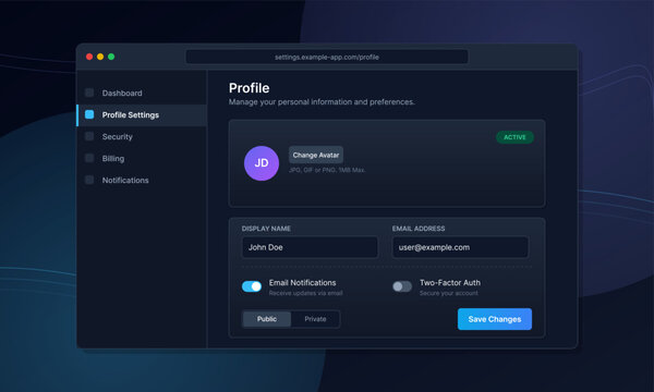 A modern dark mode user interface design for a profile settings page featuring navigation links user information fields toggle switches and a save changes button on a dark background.