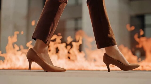 woman wearing high heels walking throught fire and flames 