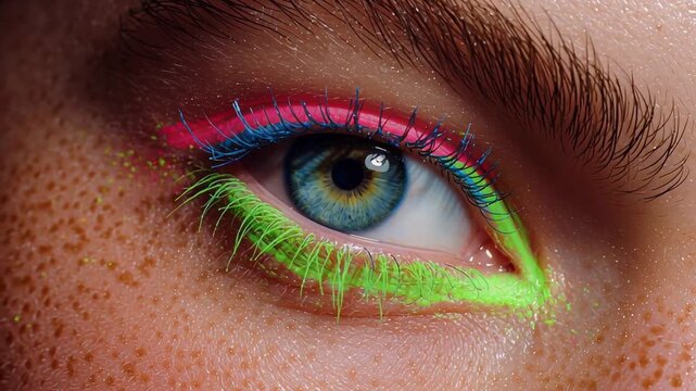 Close up of a woman eye makeup with neon and fluor tones 