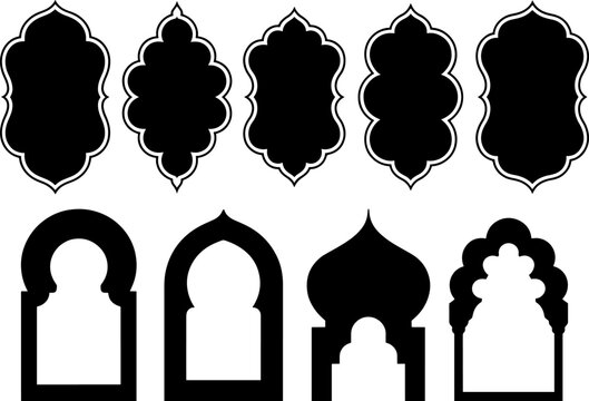 Set of 9 Decorative Islamic Silhouettes featuring Ornate Frame Labels with White Outlines and Traditional Mosque Arch Window Shapes