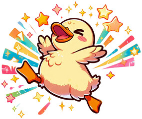 A duck jumping with joy and sparkles around