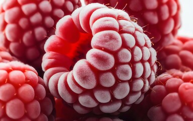 Extreme close up photograph reveals the frosty, textured surface of a bright red raspberry surrounded by many other berries.