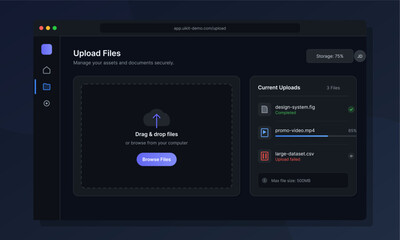 This dark-themed web interface displays a file upload dashboard with a drag-and-drop zone, current upload status list, and storage capacity indicator for digital assets.