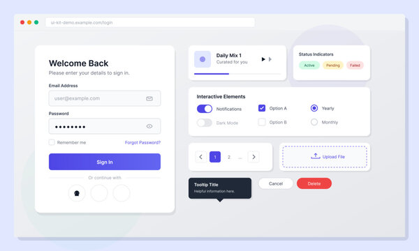 This digital interface kit showcases a modern login page alongside various web components like status badges, toggle switches, checkboxes, and a file upload area in a clean layout.