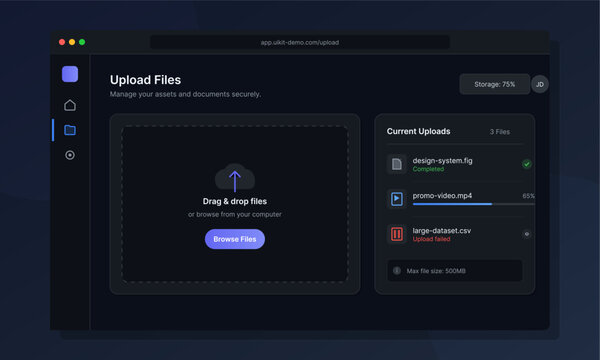 This dark-themed web interface displays a file upload dashboard with a drag-and-drop zone, current upload status list, and storage capacity indicator for digital assets.