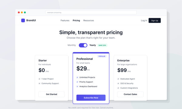 A modern website user interface design showing a pricing page with three subscription tiers, a billing cycle toggle, and interactive buttons for different service plans.