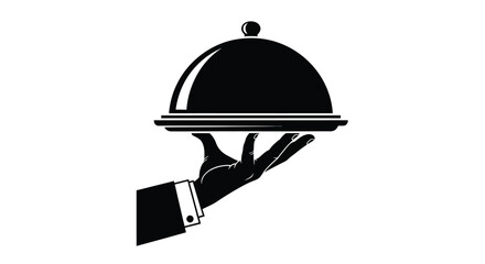 Fototapeta premium Hand holding a covered serving dish with a silver cloche and elegant service