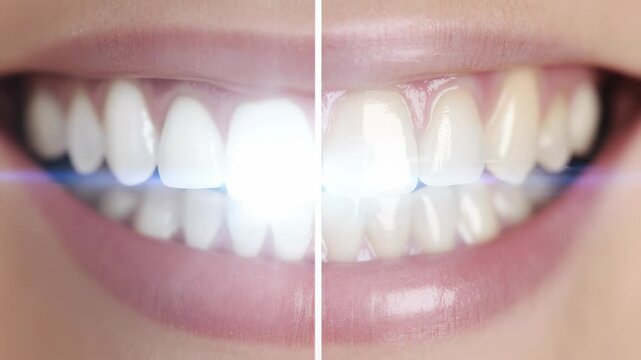 Close up of healthy teeth showing dramatic whitening results. One side features sparkling, bright, clean enamel; the other displays a natural yellow shade. Dental hygiene concept.