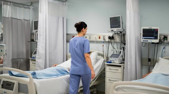 Stepdown unit in a PACU with a medium shot centered on a nurse adjusting an IV drip soft focus on surrounding beds and medical equipment creating a calm recovery environment.