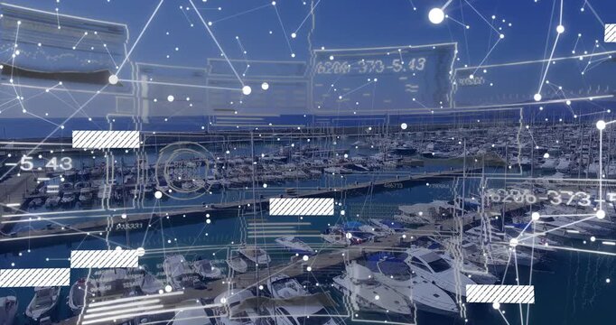 Aerial sweep initiating AR overlay, marina displaying live data streams for berth monitoring