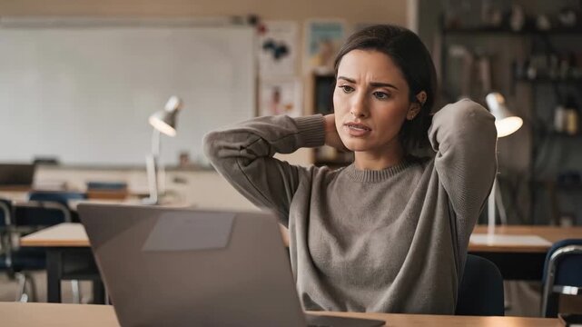New teacher engaged in a digital training session on laptop medium shot highlighting focused expression while classroom elements remain blurry.