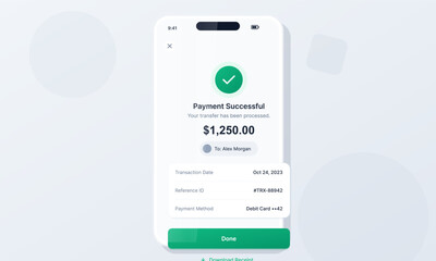 Plakat A mobile application interface shows a successful money transfer confirmation for a large sum. The screen includes transaction details, a green checkmark, and a done button.