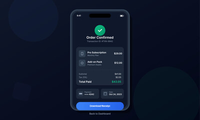 A smartphone interface displays a successful order confirmation screen with a green checkmark. The digital receipt includes subscription details, pricing, and a download receipt button.