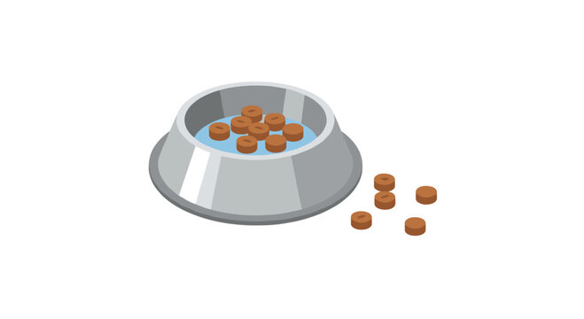 A shiny silver pet food bowl filled with crunchy brown kibble, with some pellets scattered on the clean white surface,