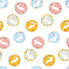 Cute seamless pattern with white Easter bunny in colorful circle. Pastel pink, blue, and yellow. Minimalist flat design for kids fabric, wallpaper, and spring wrapping paper