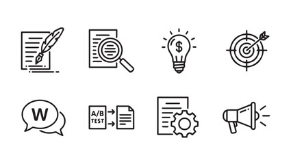 Business Icons Set: Strategy, Research, Idea, Target, Chat, A/B Test, Process, Megaphone © Nazma Begum